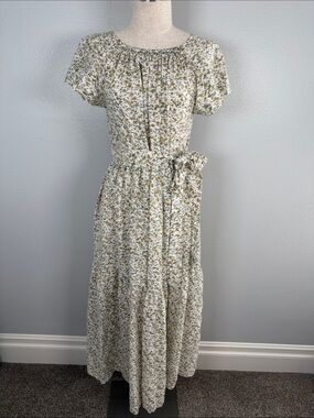 Mirth Vienna Dress in Olive and Cream Watercolor Print Cotton and Silk Small